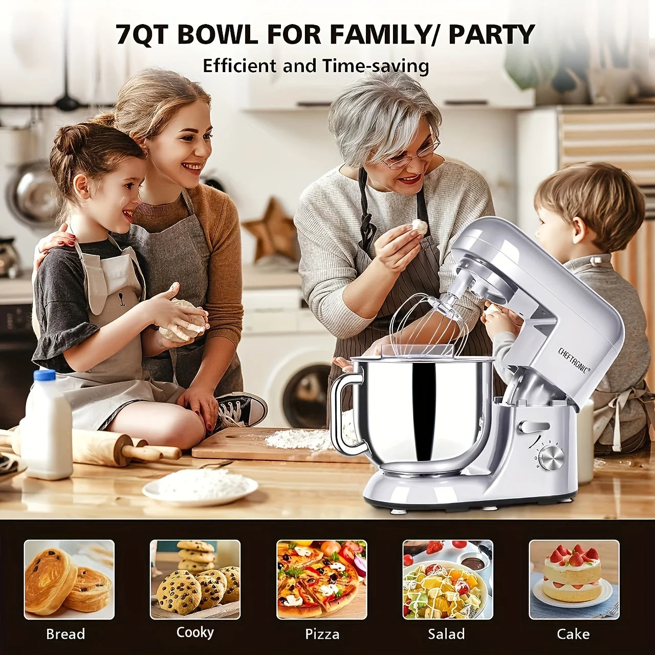 Cheftronic Tilt Head Stand Mixer Six Speed 650W Milk Frother