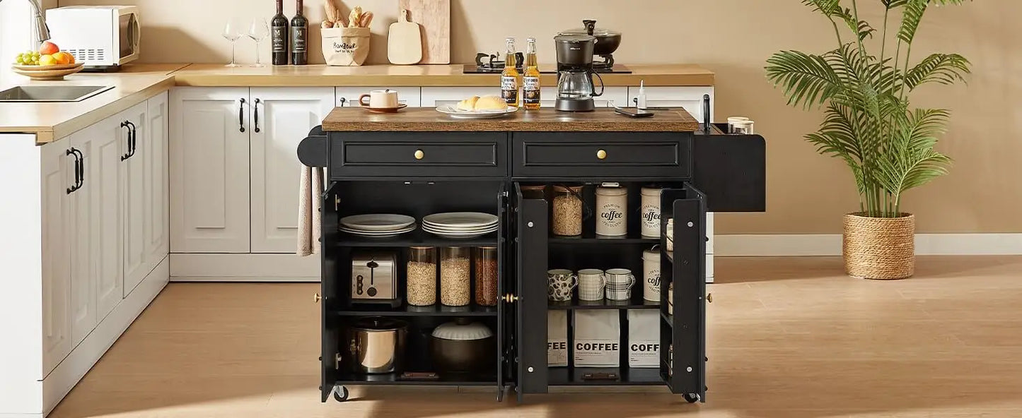 Mobile Kitchen Island Cart With Drop Leaf And Power Outlet