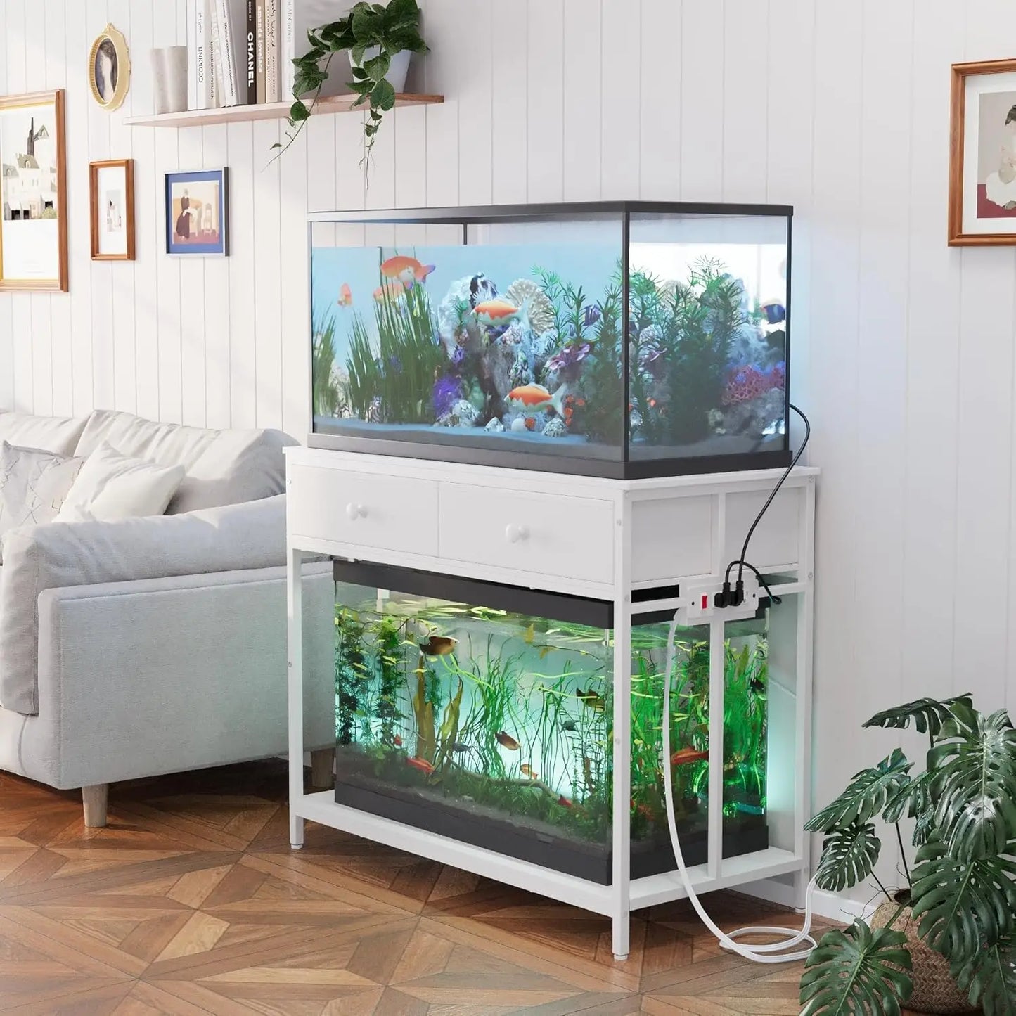 Aquarium Stand With Power Outlet And Metal Frame Cabinet Storage