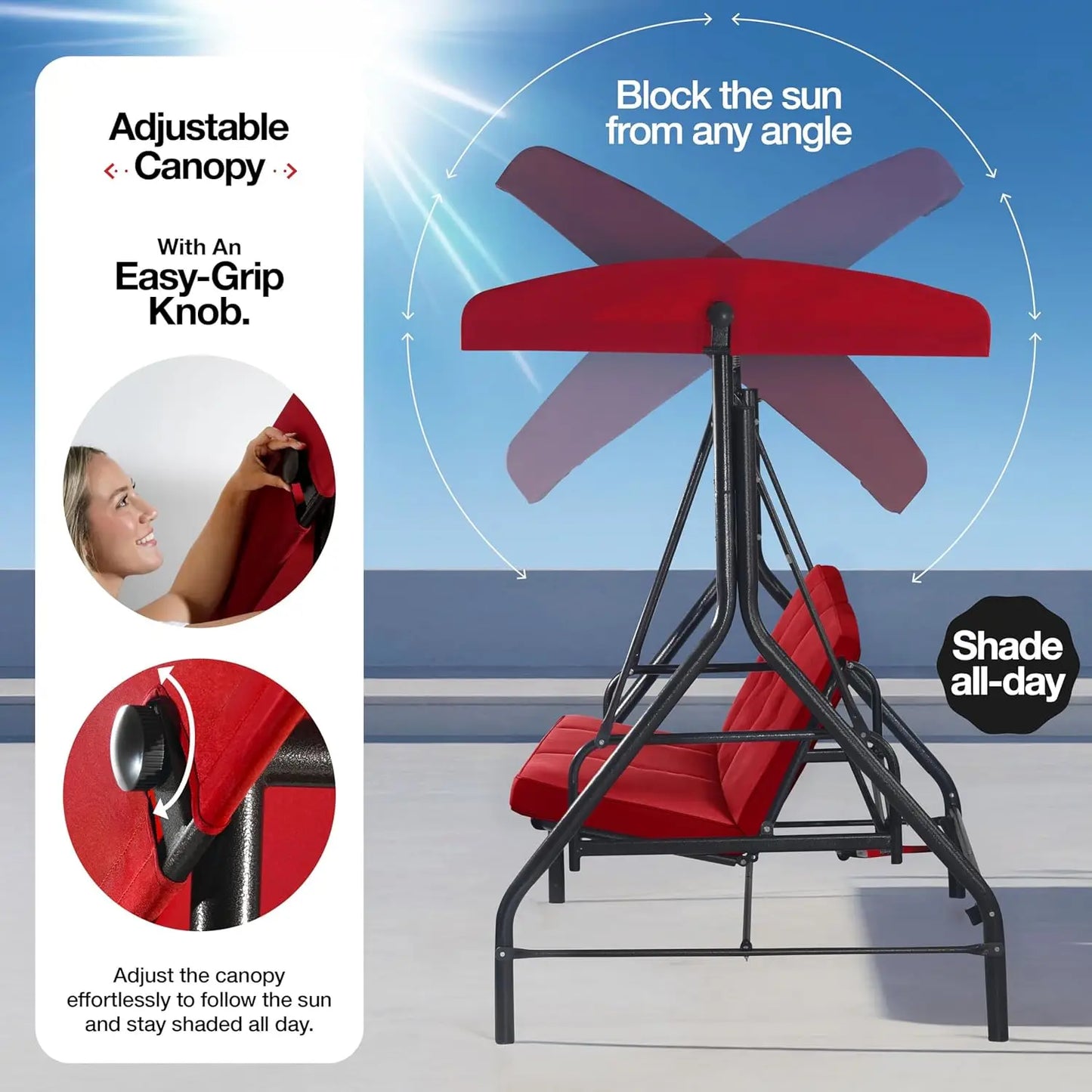 Porch Swing 3-Seat Outdoor Patio Glider With Canopy And Cushions
