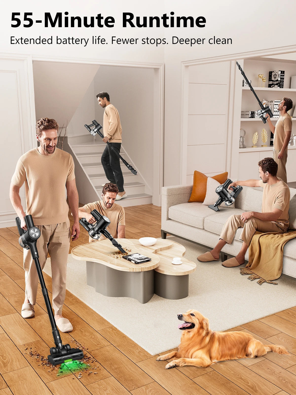 SUXIANGVAC Cordless Vacuum Cleaner 55 KPa 55 Minute Runtime Self Standing