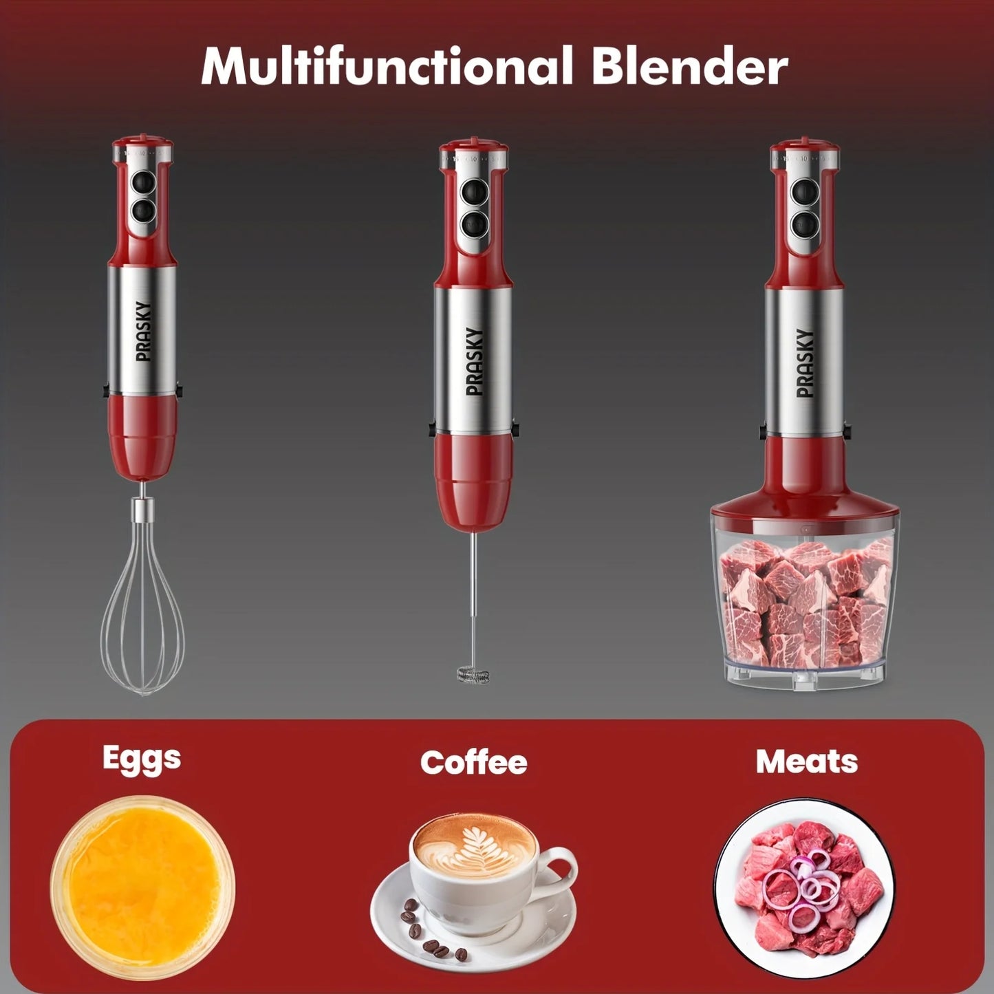 Prasky 5-In-1 Handheld Immersion Blender With Whisk And Meat Chopper