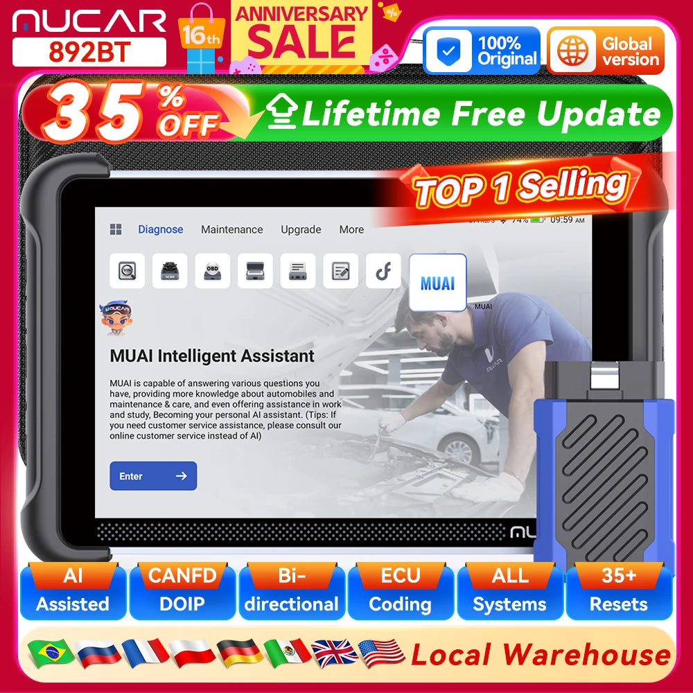 MUCAR 892BT AI Key Programming Diagnostic Tool OBD2 Scanner CAN FD DOIP