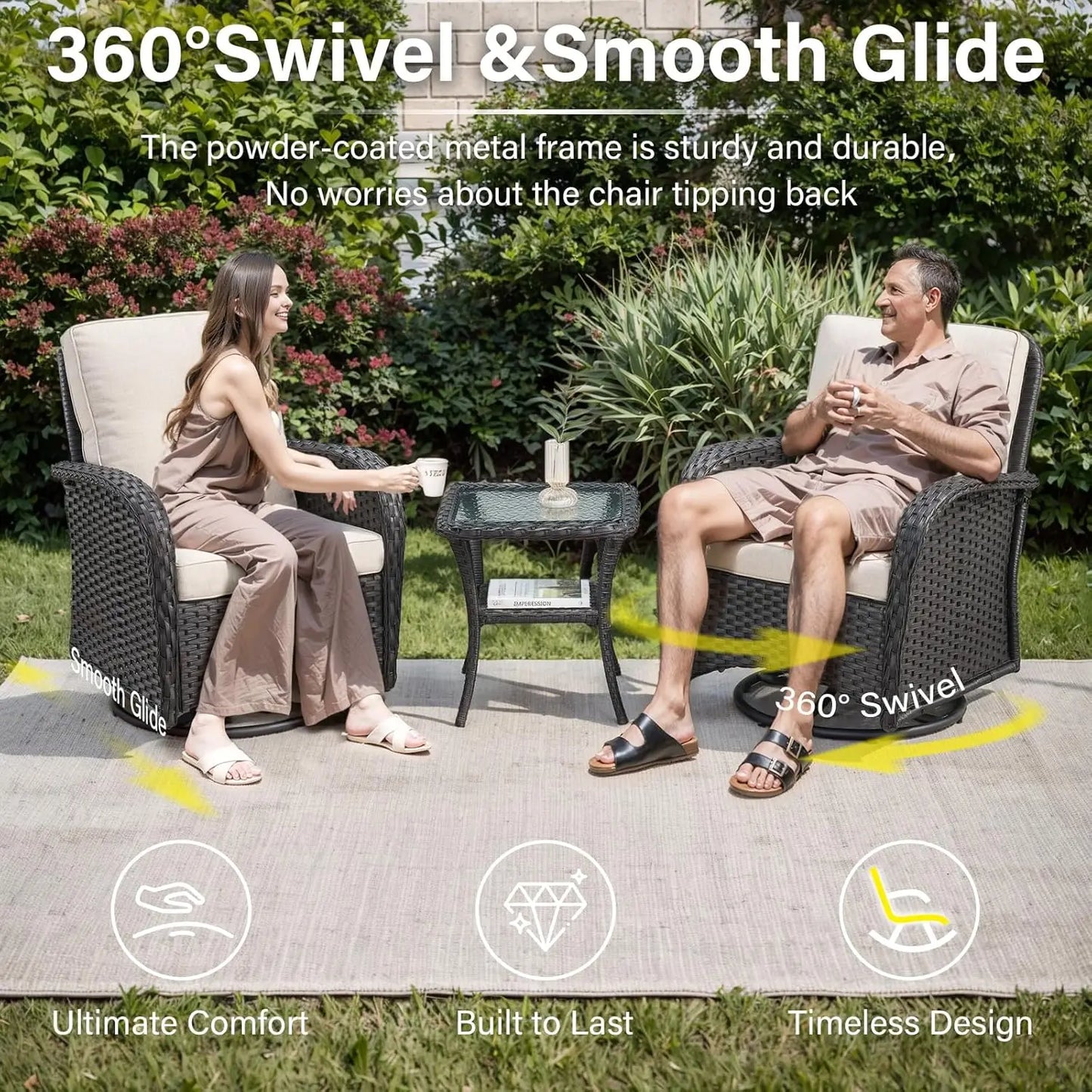 Wooden Outdoor Wicker Patio Swivel Rocker Glider Chairs Set With Side Table