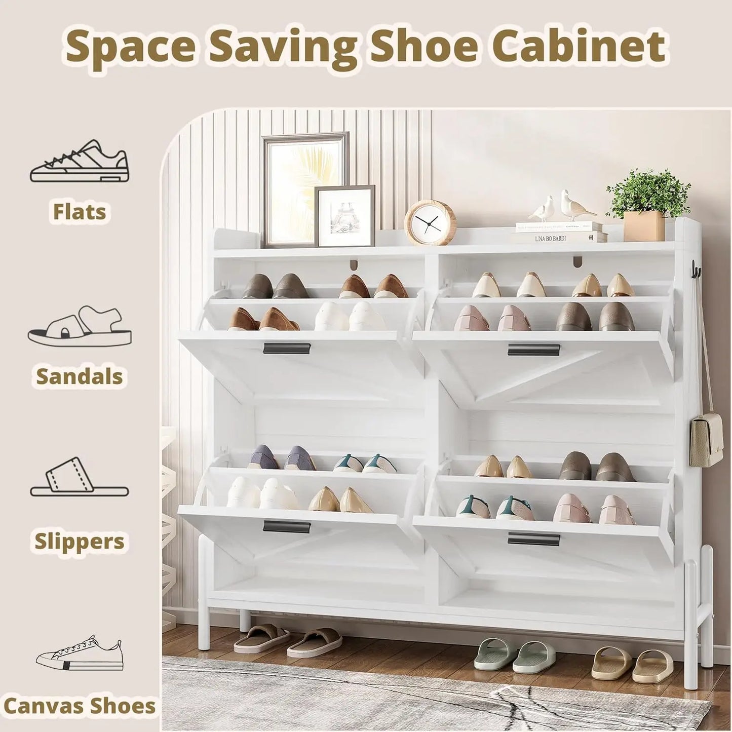 Farmhouse Shoe Storage Cabinet With 4 Flip Drawers Adjustable Shelf