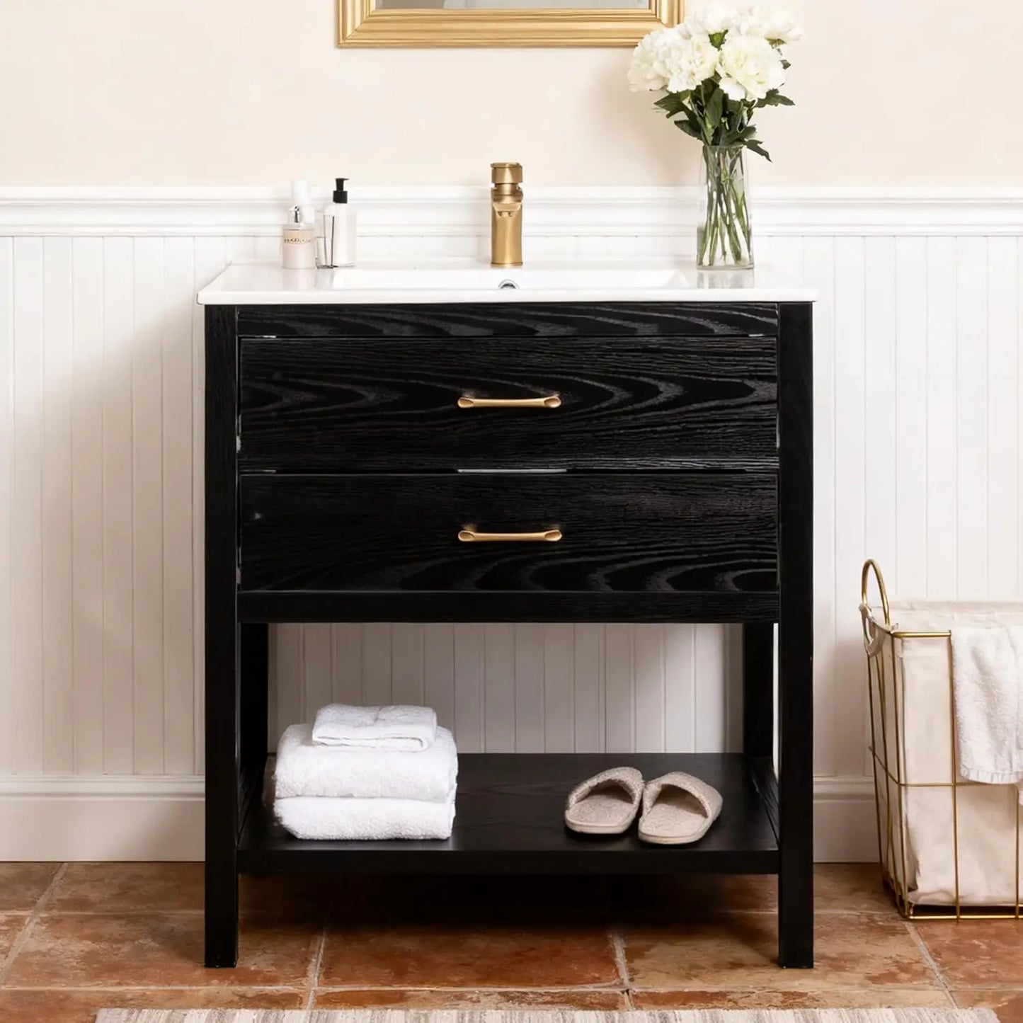 Farmhouse Freestanding Bathroom Vanity With Sink And Open Shelf