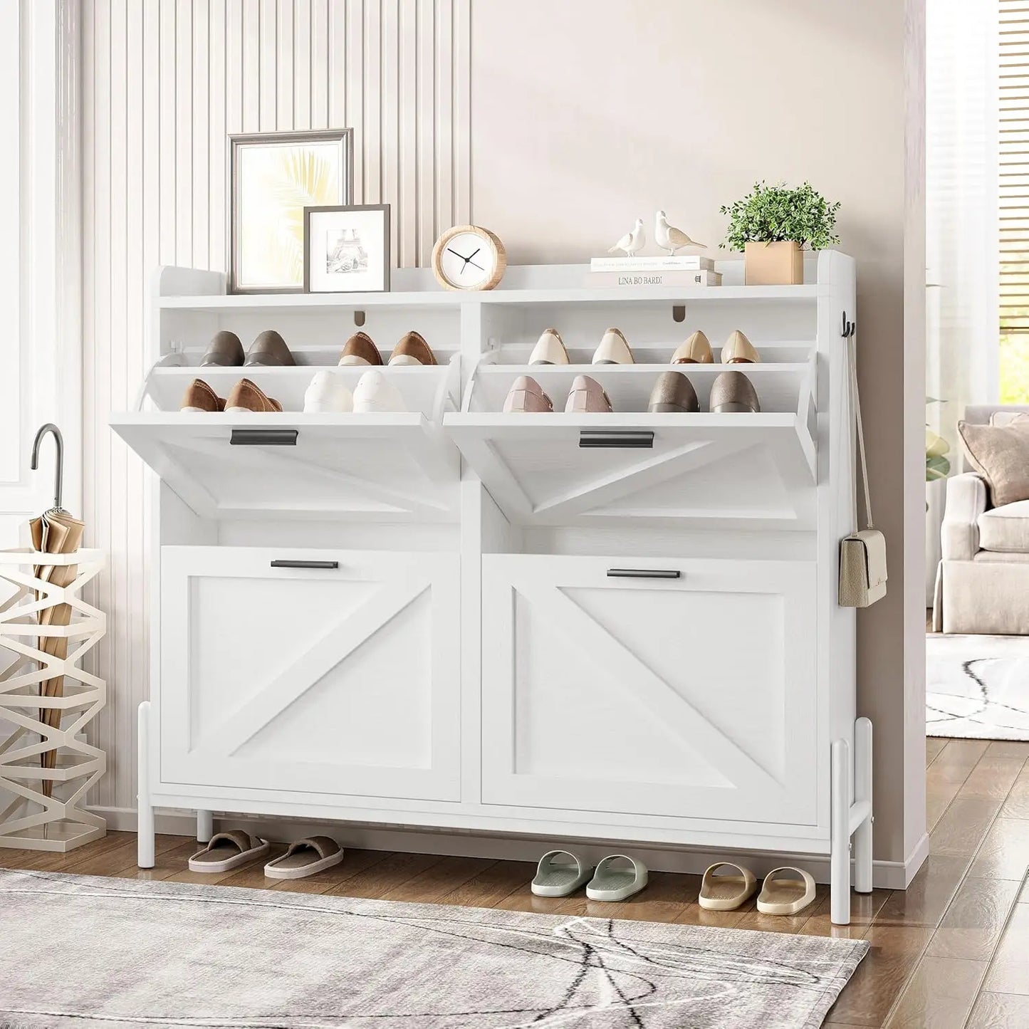 Farmhouse Shoe Storage Cabinet With 4 Flip Drawers Adjustable Shelf