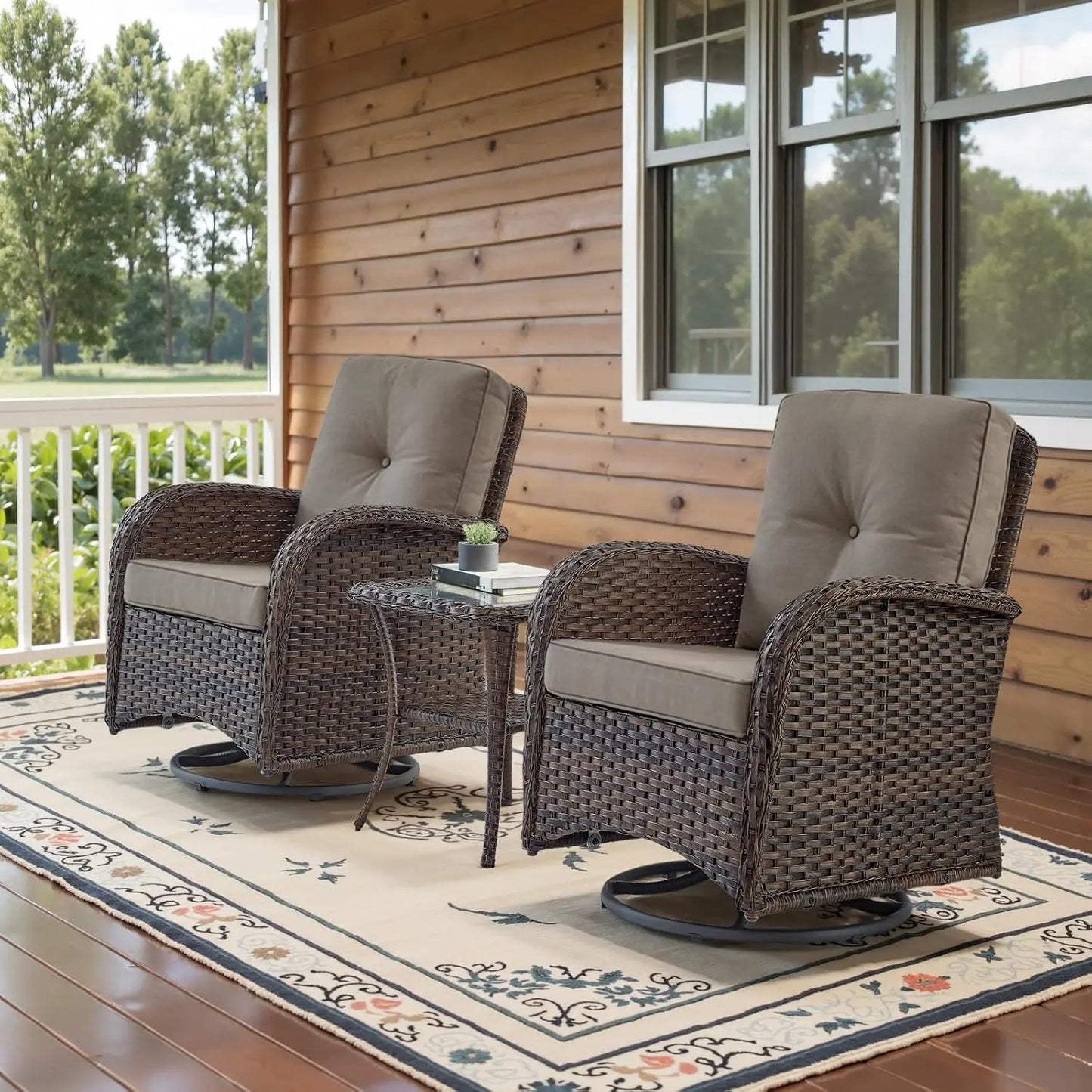 Wooden Outdoor Wicker Patio Swivel Rocker Glider Chairs Set With Side Table