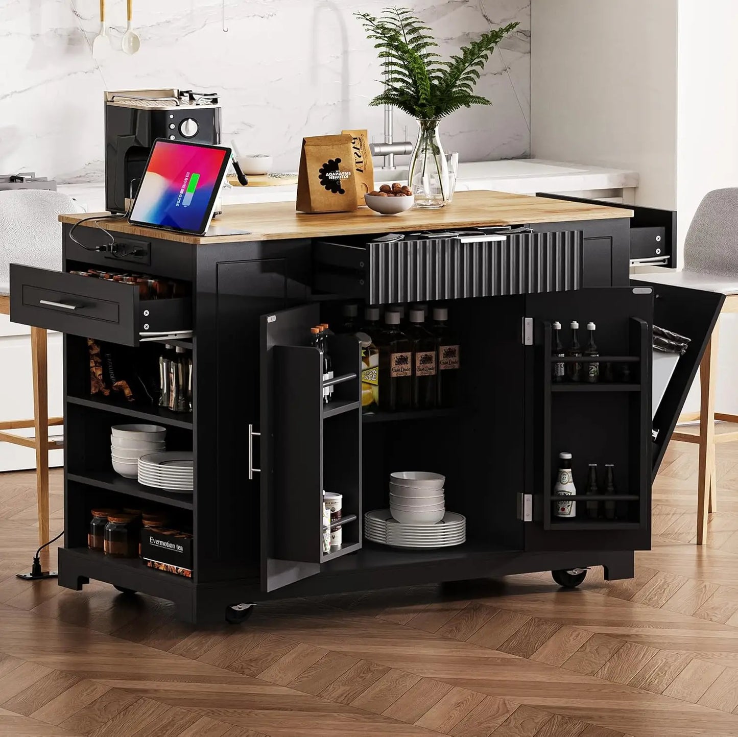 Fluted Rolling Kitchen Island With Power Outlet And Drop Leaf