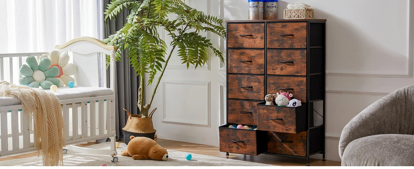 JHK Bedside Table With Fabric Drawers And Metal Frame Wardrobe