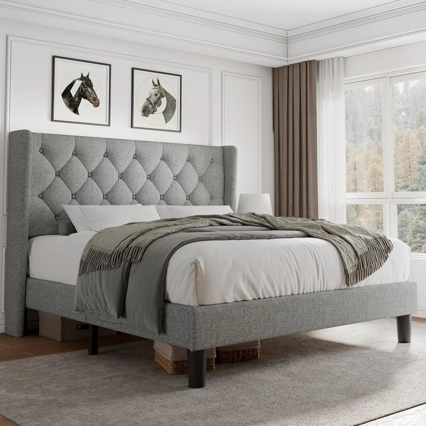 Queen Velvet Platform Bed With Button Tufted Upholstery And Wood Slats