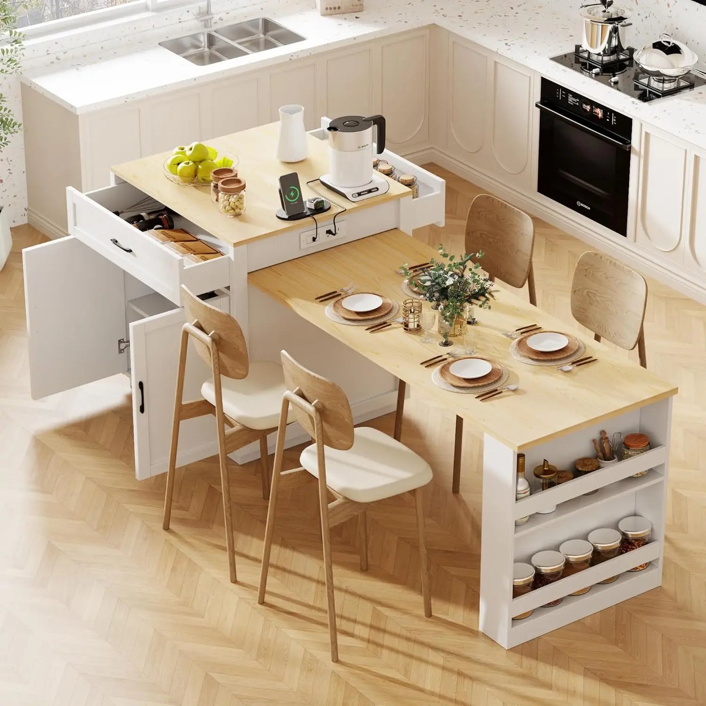 Fluted Rolling Kitchen Island With Power Outlet And Drop Leaf