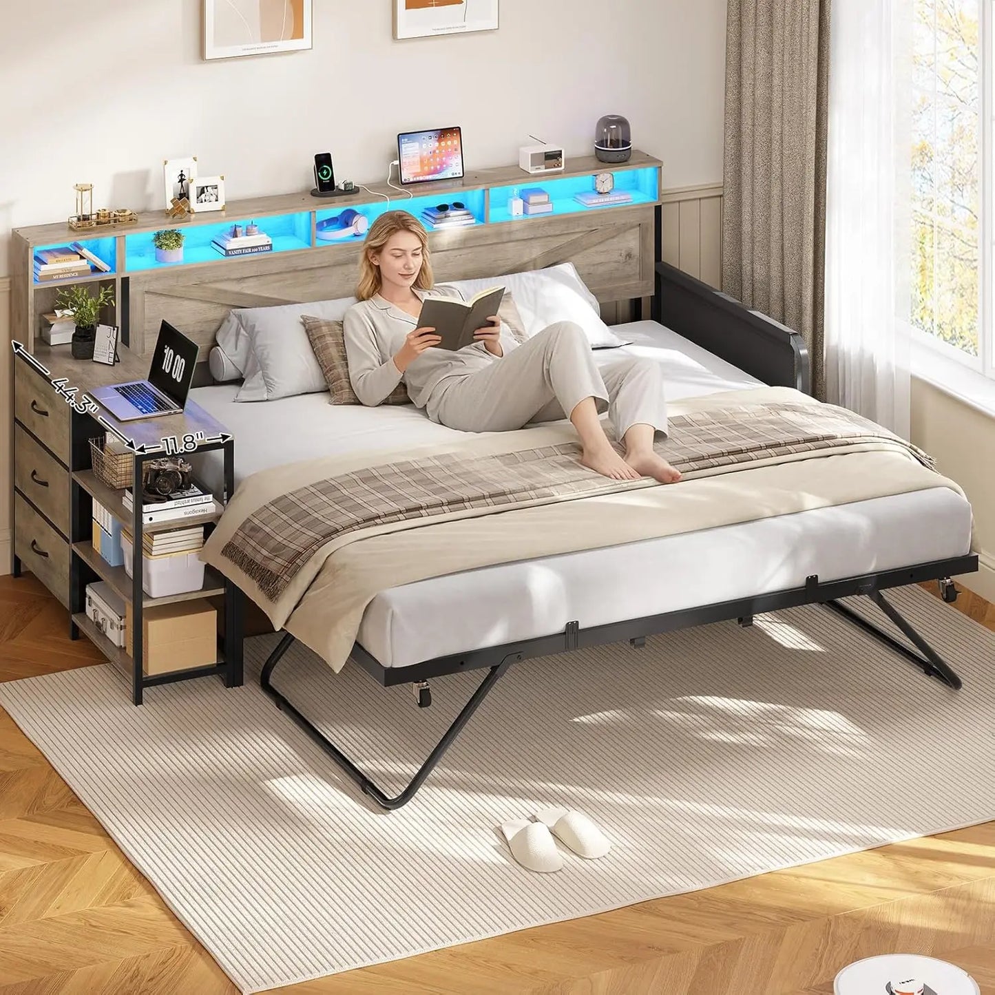 BIANXIANG Daybed With Trundle Storage Drawers Headboard Farmhouse Wood Frame