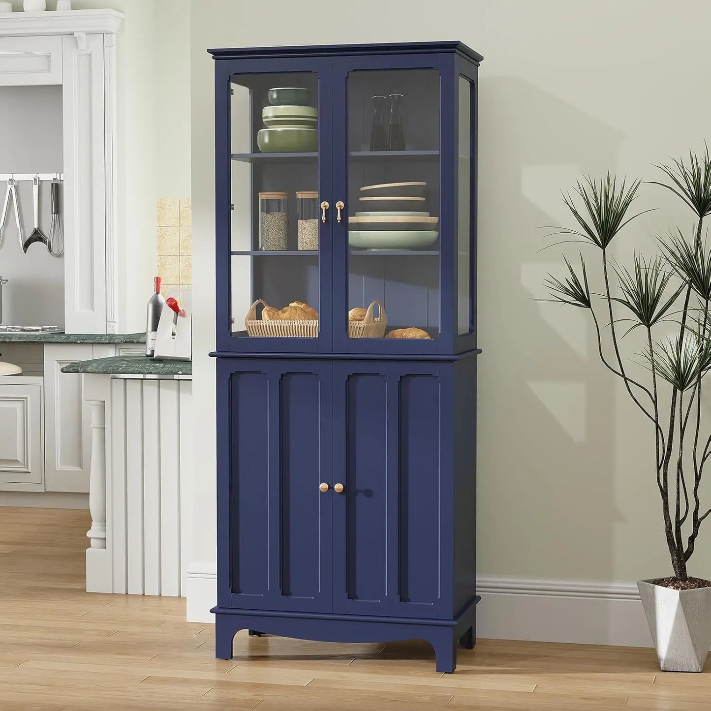 GUANGBAI Freestanding Kitchen Pantry Sideboard With Glass Door Adjustable Shelves