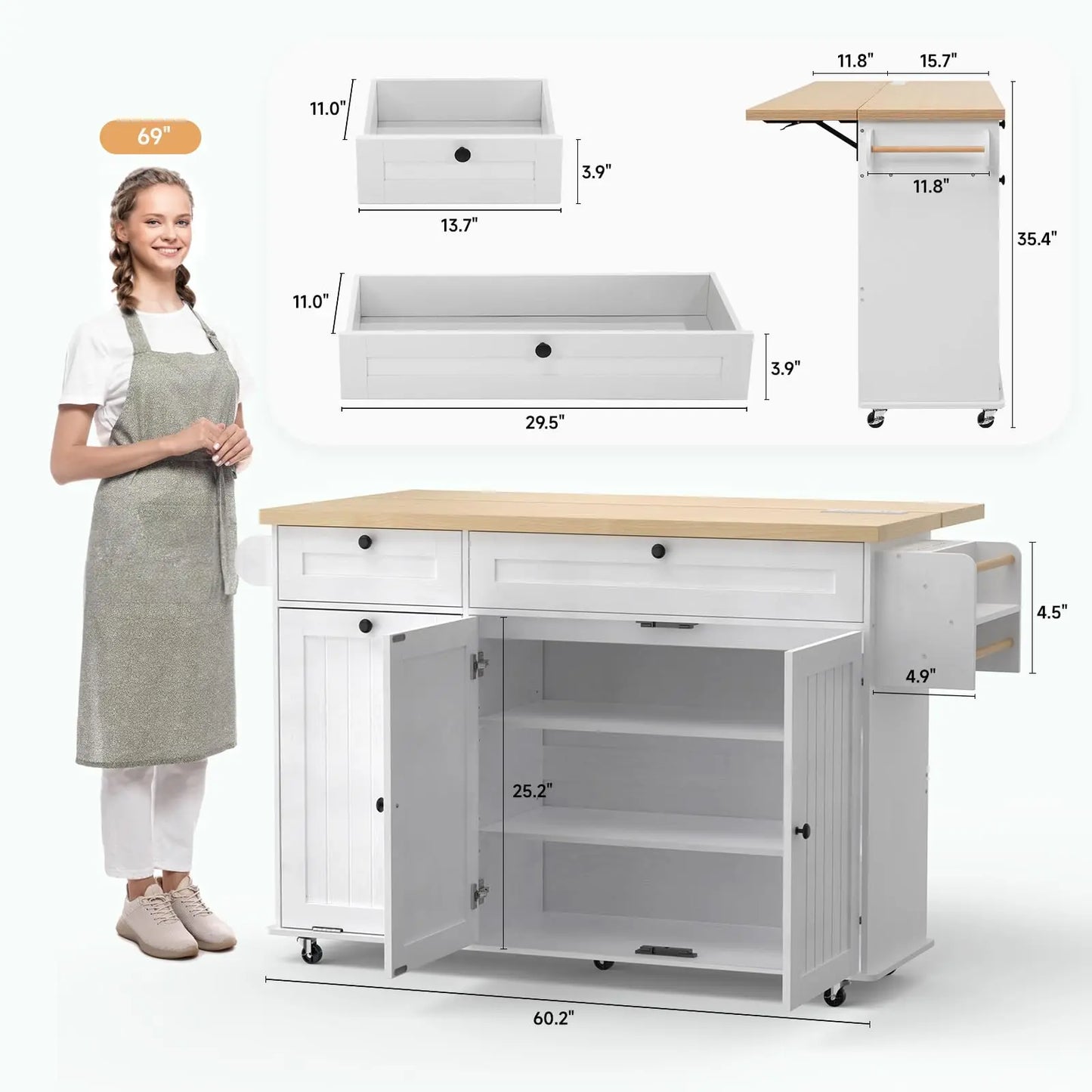 ONBRILL Rolling Mobile Kitchen Island With Power Outlet Towel Rack