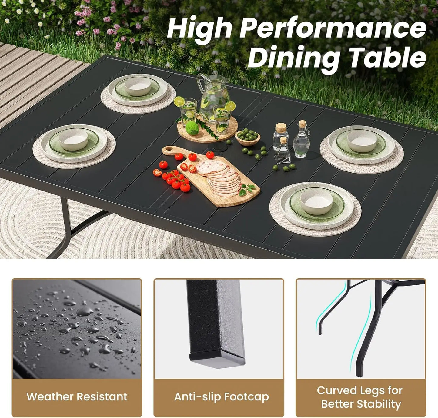 Outdoor Rectangular Patio Dining Table With Umbrella Hole Metal