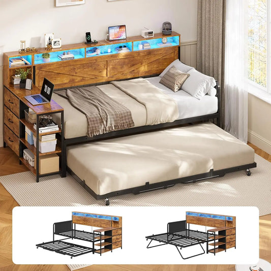 BIANXIANG Daybed With Trundle Storage Drawers Headboard Farmhouse Wood Frame