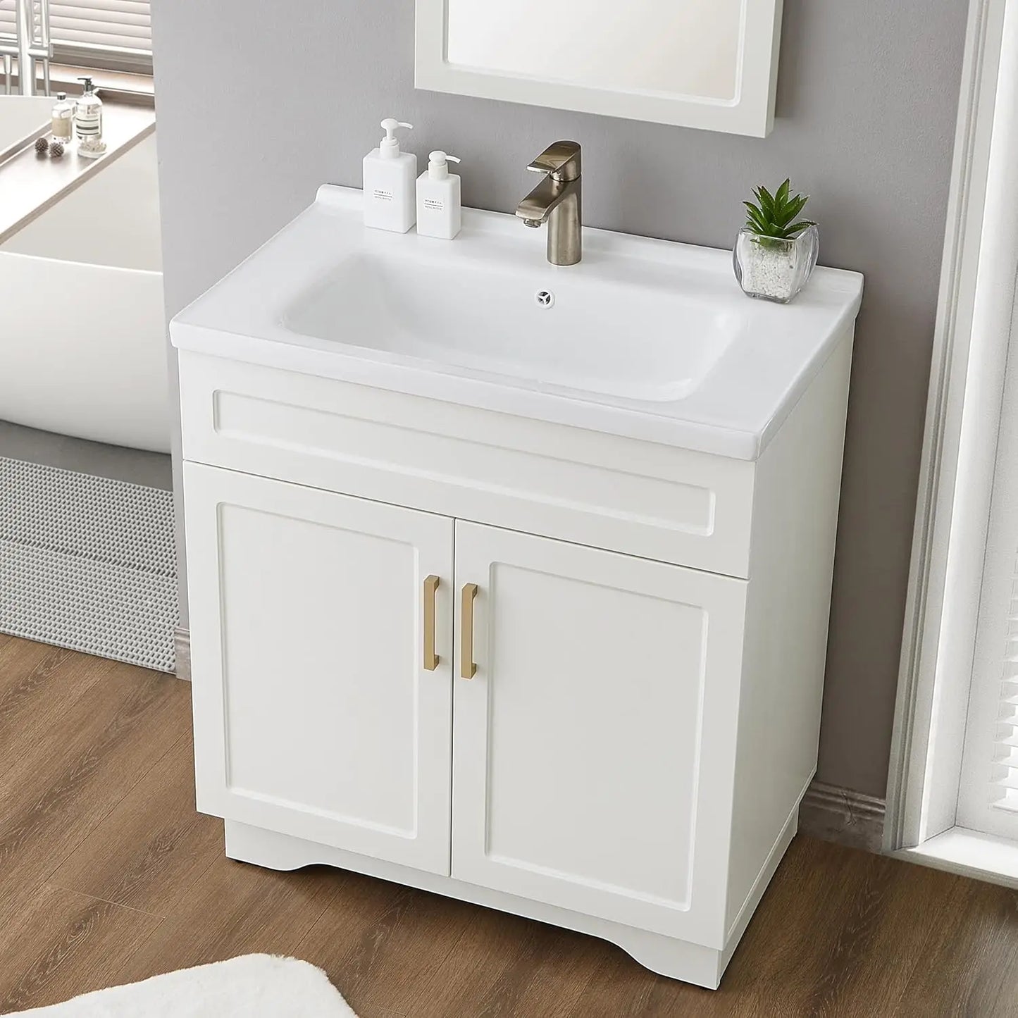 Bathroom Vanity With Ceramic Sink Wood Cabinet Large Storage Space