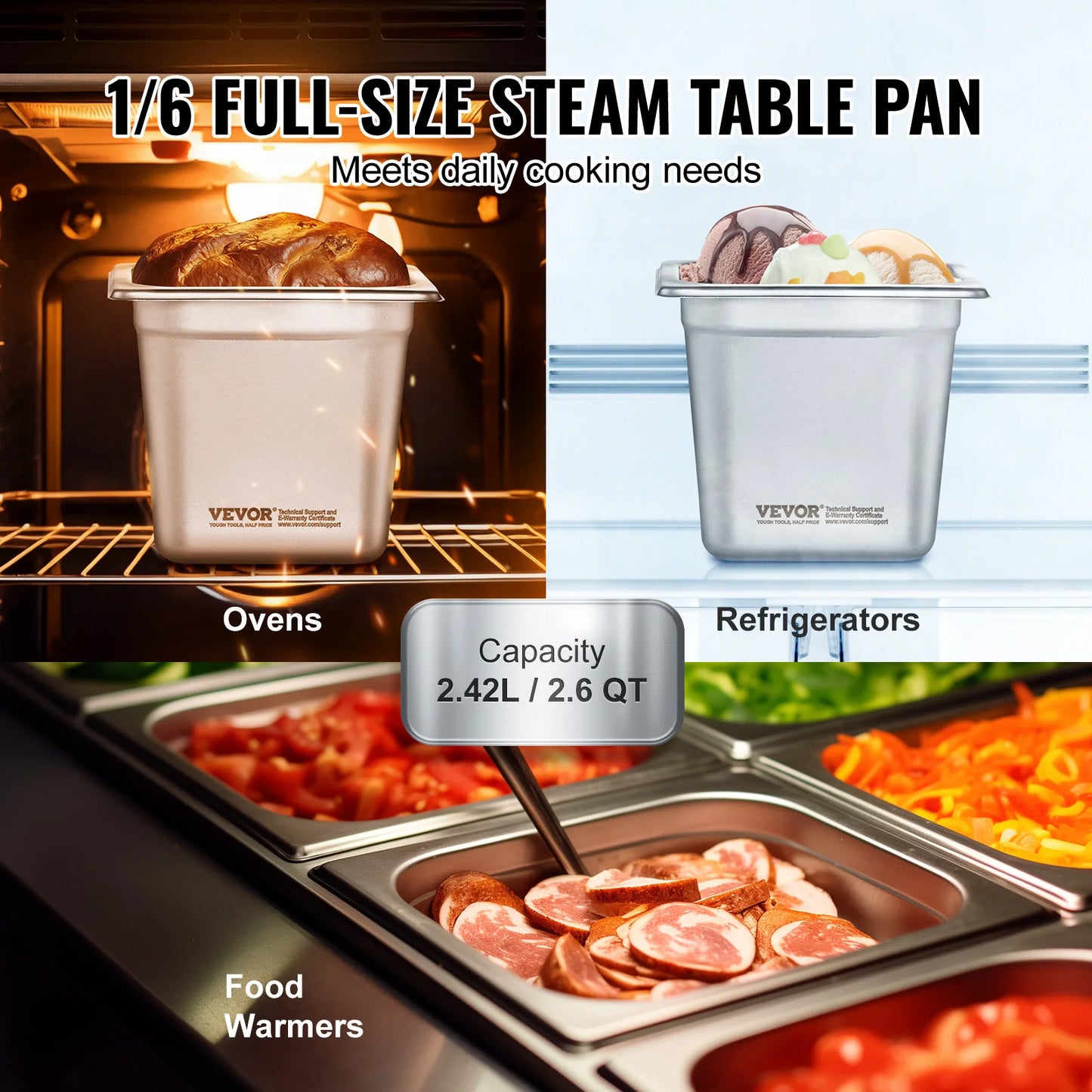 VEVOR Stainless Steel Steam Table Pan 2.6 Qt Catering Pan
