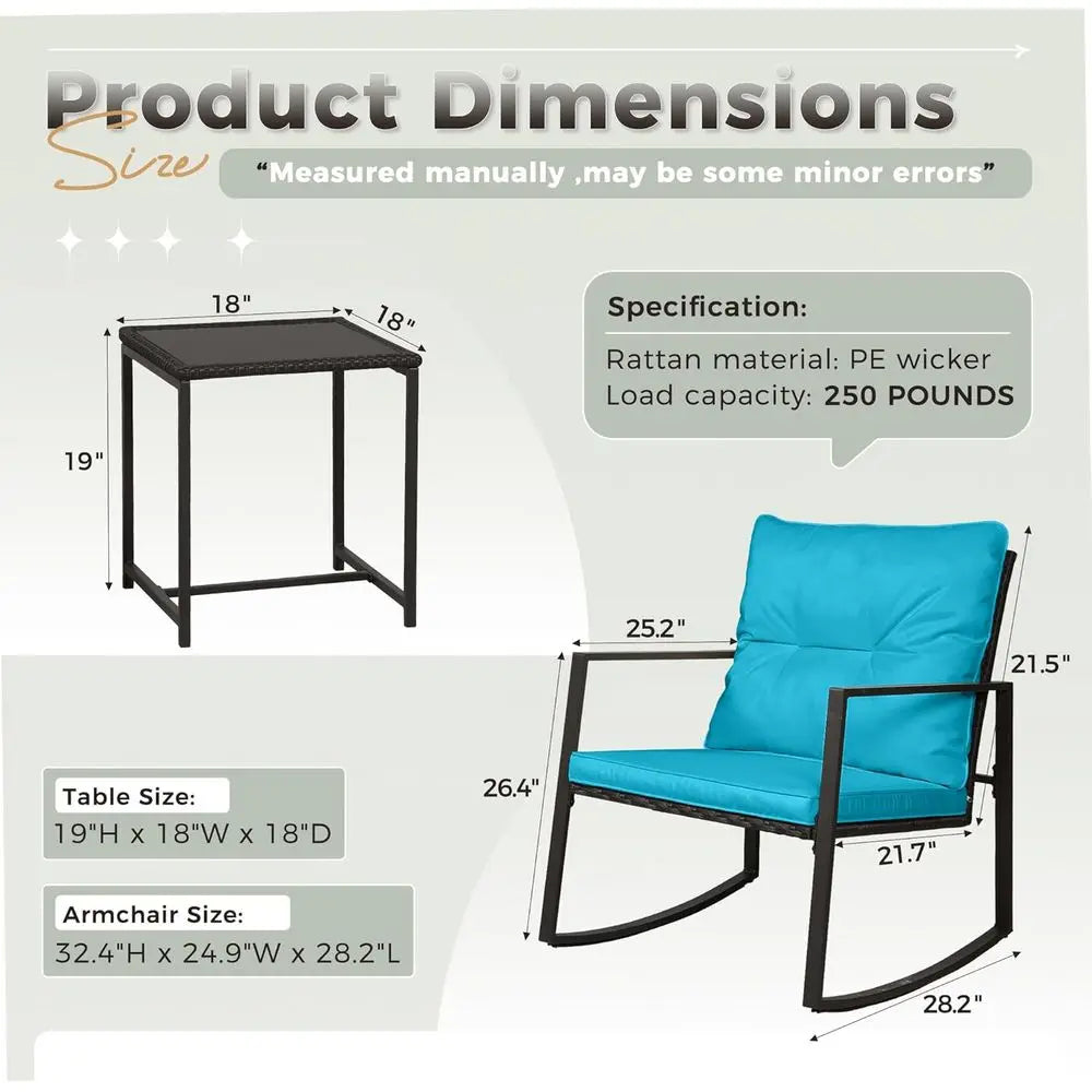 3-Piece Wicker Outdoor Rocking Bistro Set With Cushions Coffee Table