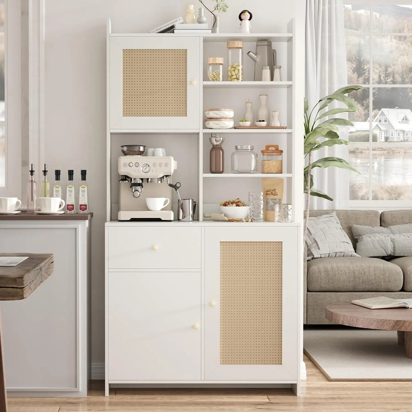 71in Kitchen Pantry Cabinet With Microwave Stand Adjustable Shelves Tall Storage Cabinet For Dining Room Living Room