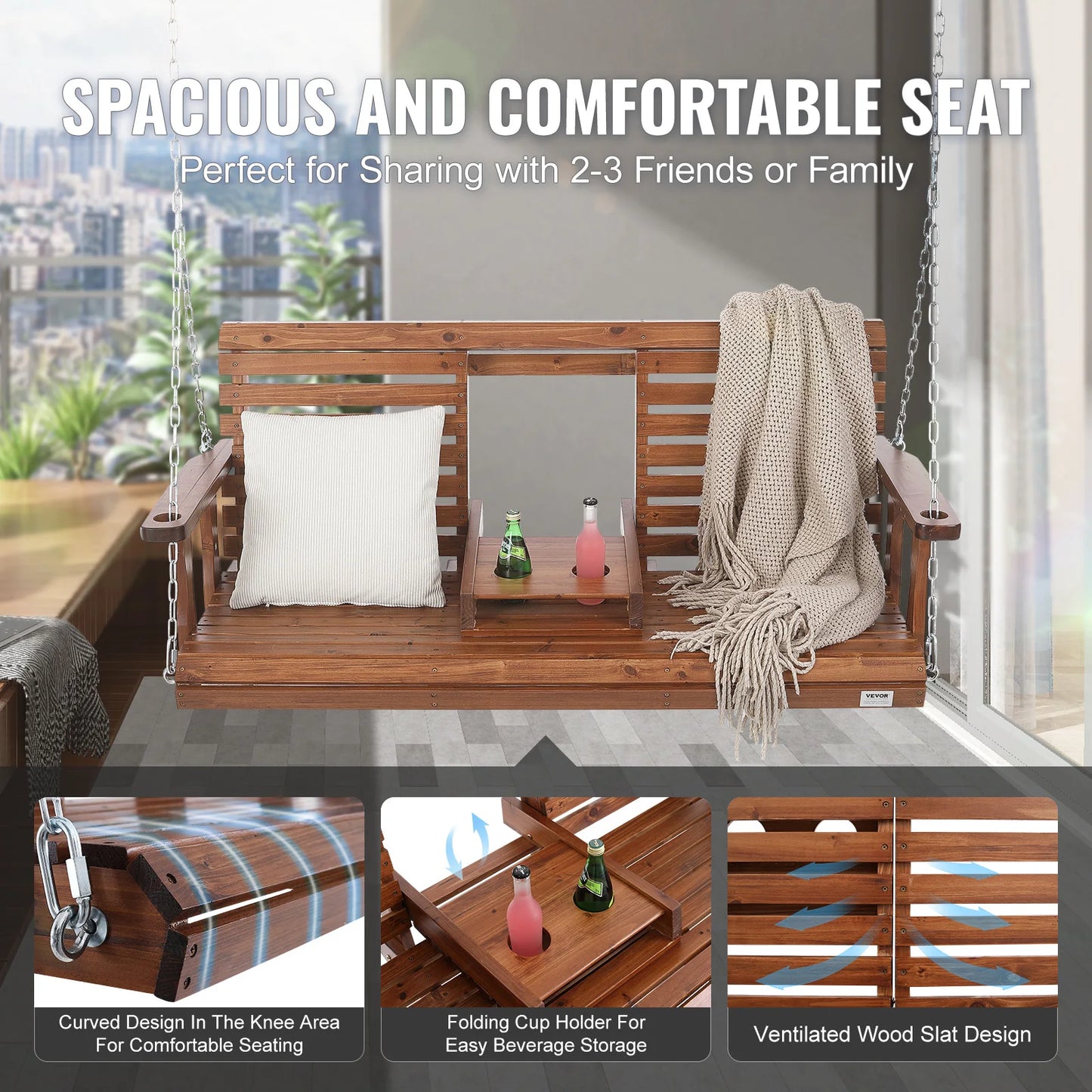 SucceBuy Wooden Porch Swing Outdoor Patio Bench Garden Seat
