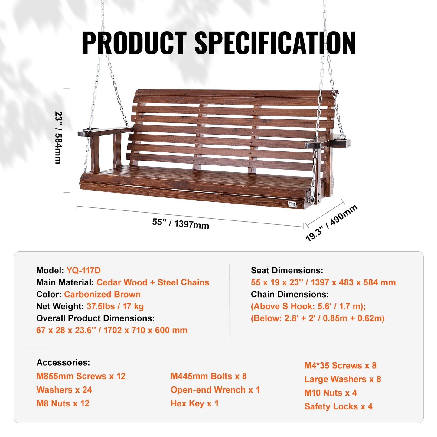 SucceBuy Wooden Porch Swing Outdoor Patio Bench Garden Seat
