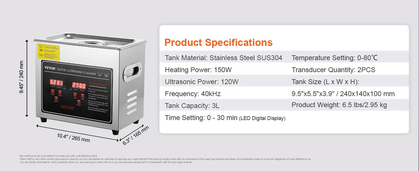SucceBuy Ultrasonic Cleaner Stainless Steel Portable Home Appliance