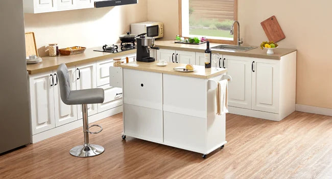 Mobile Kitchen Island Cart With Drop Leaf And Power Outlet