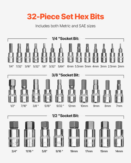 Hex Bit Socket Set S2 Cr-V Alloy Steel Case Metric-Grade