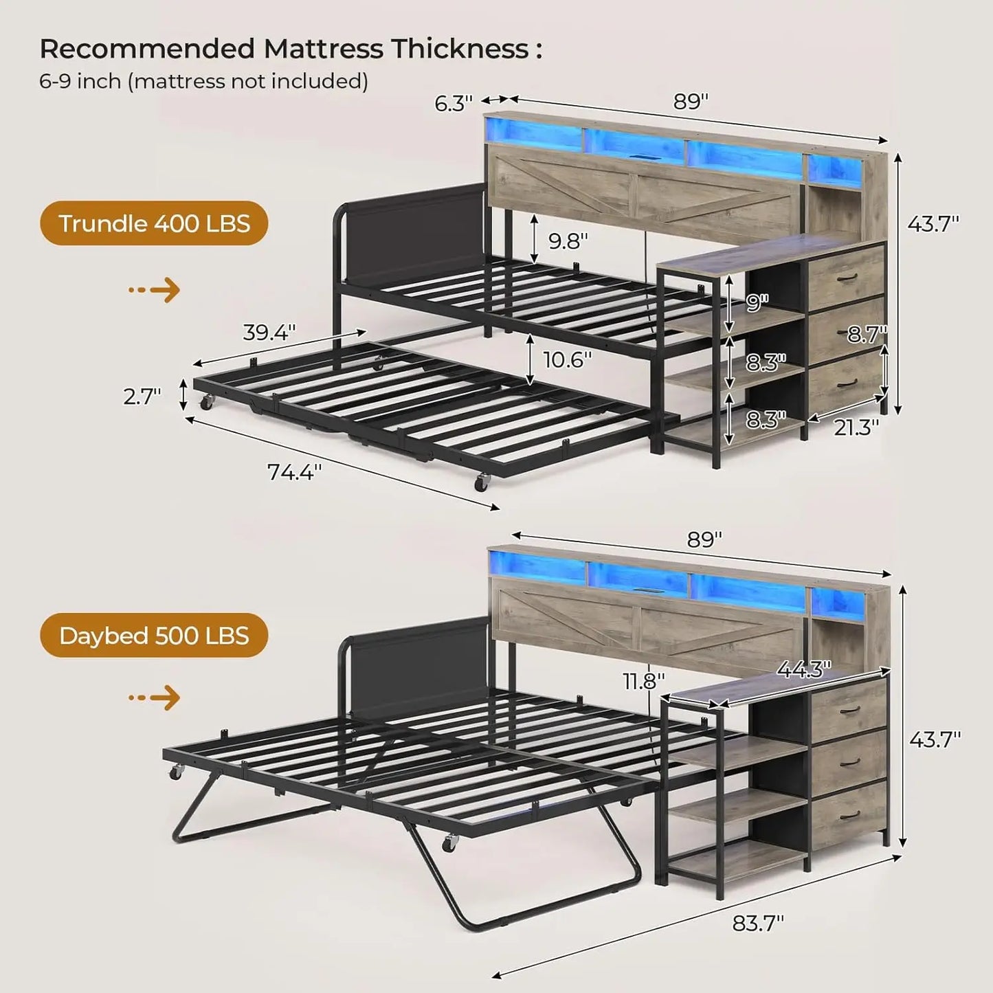 BIANXIANG Daybed With Trundle And 3 Storage Drawers Headboard Farmhouse