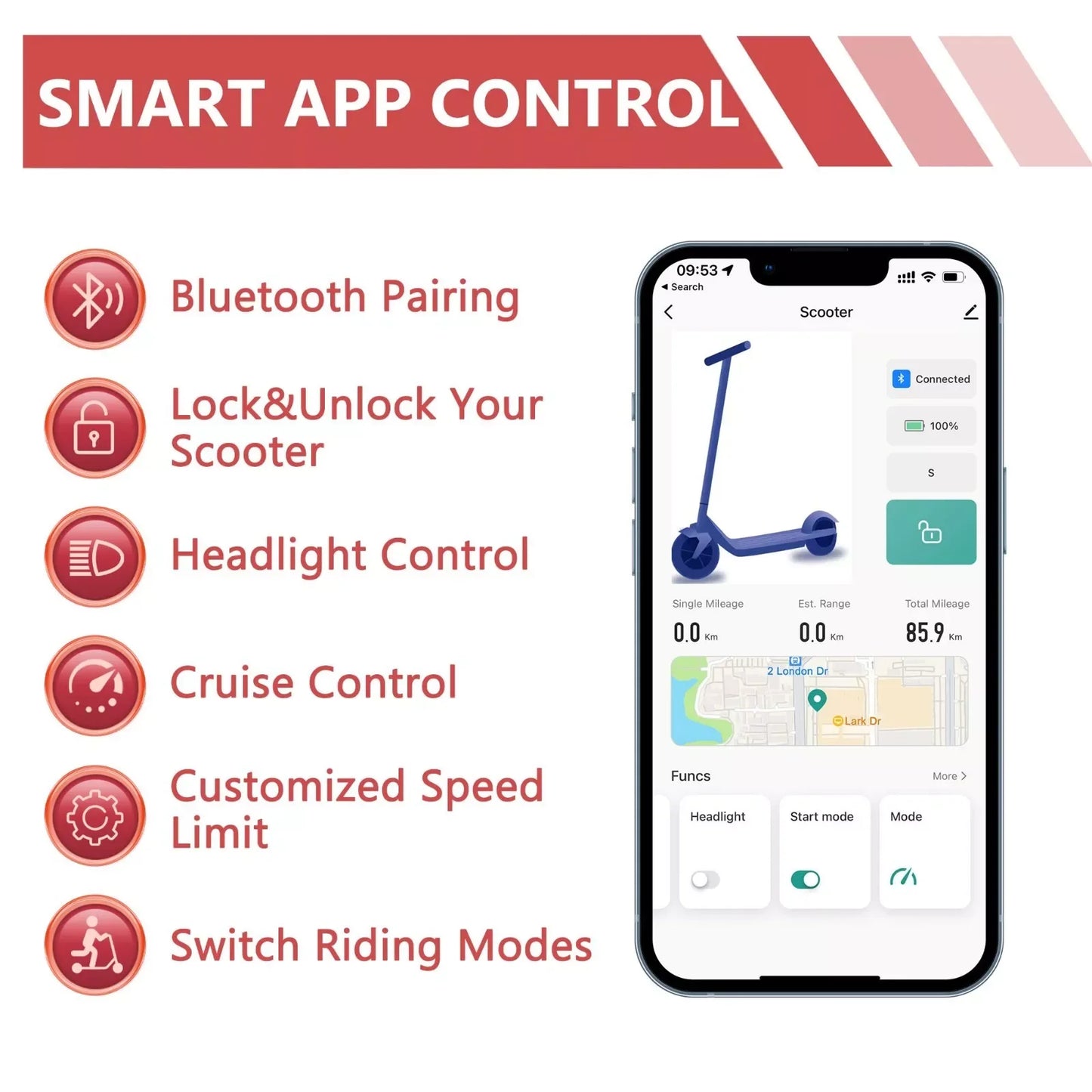 Ladped Electric Scooter 350W 19mph With Smart App Control