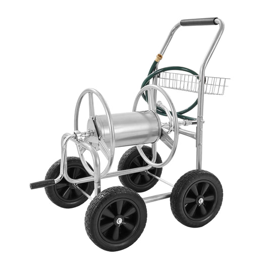 SucceBuy Hose Reel Cart With Basket Heavy Duty Garden Steel