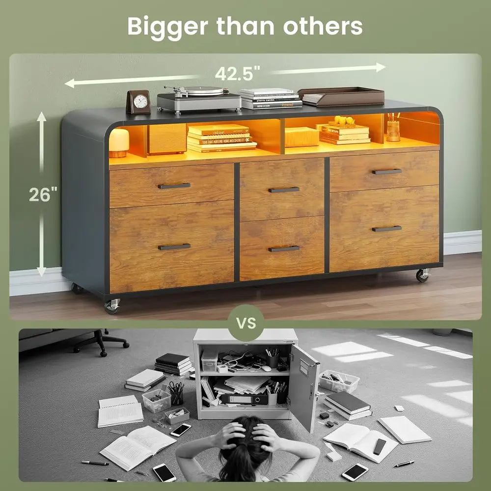 Wood Mobile Lateral File Cabinet With 6 Drawers LED Lighting