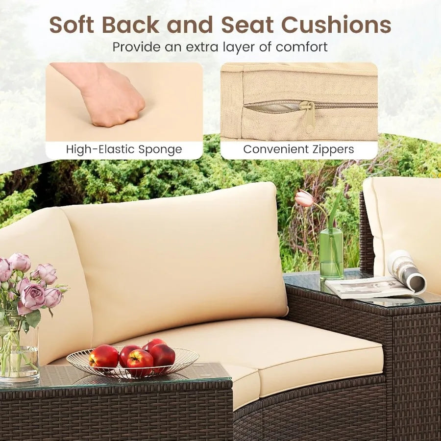 PE Rattan Half Moon Patio Sectional Set With Glass Tables