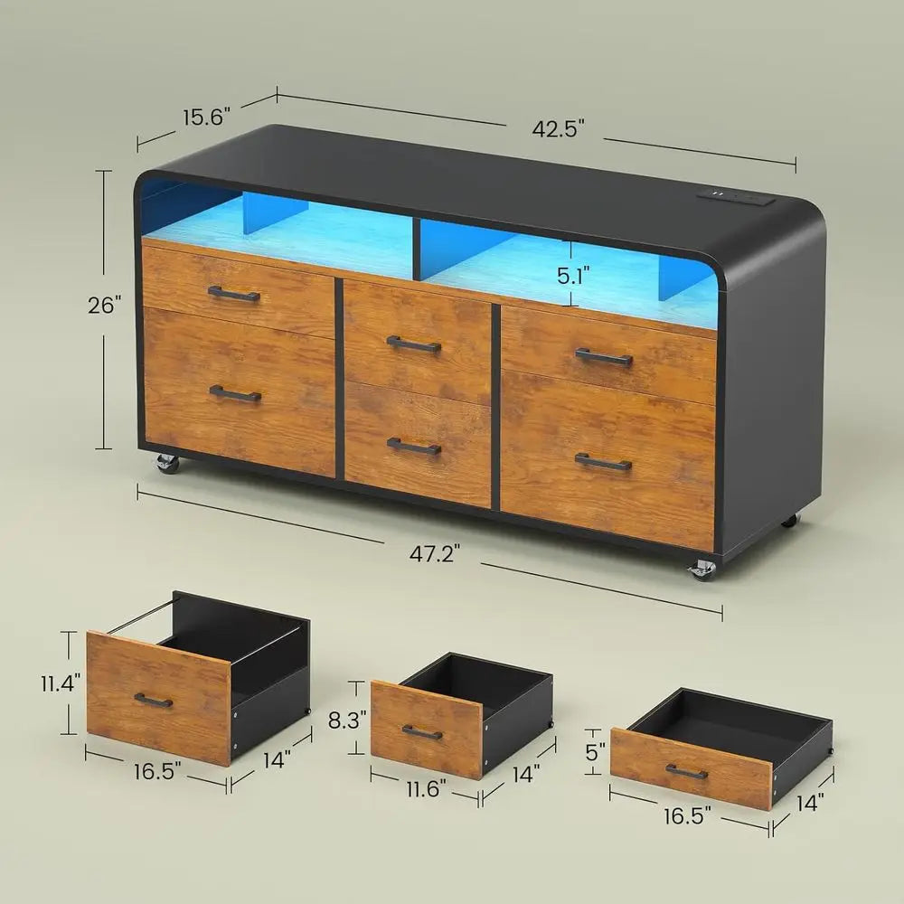 Wood Mobile Lateral File Cabinet With 6 Drawers LED Lighting