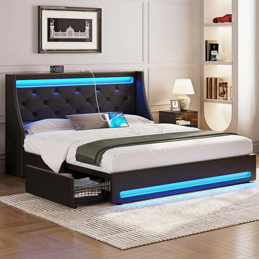 Queen Bed Frame With LED Lights And Charging Station
