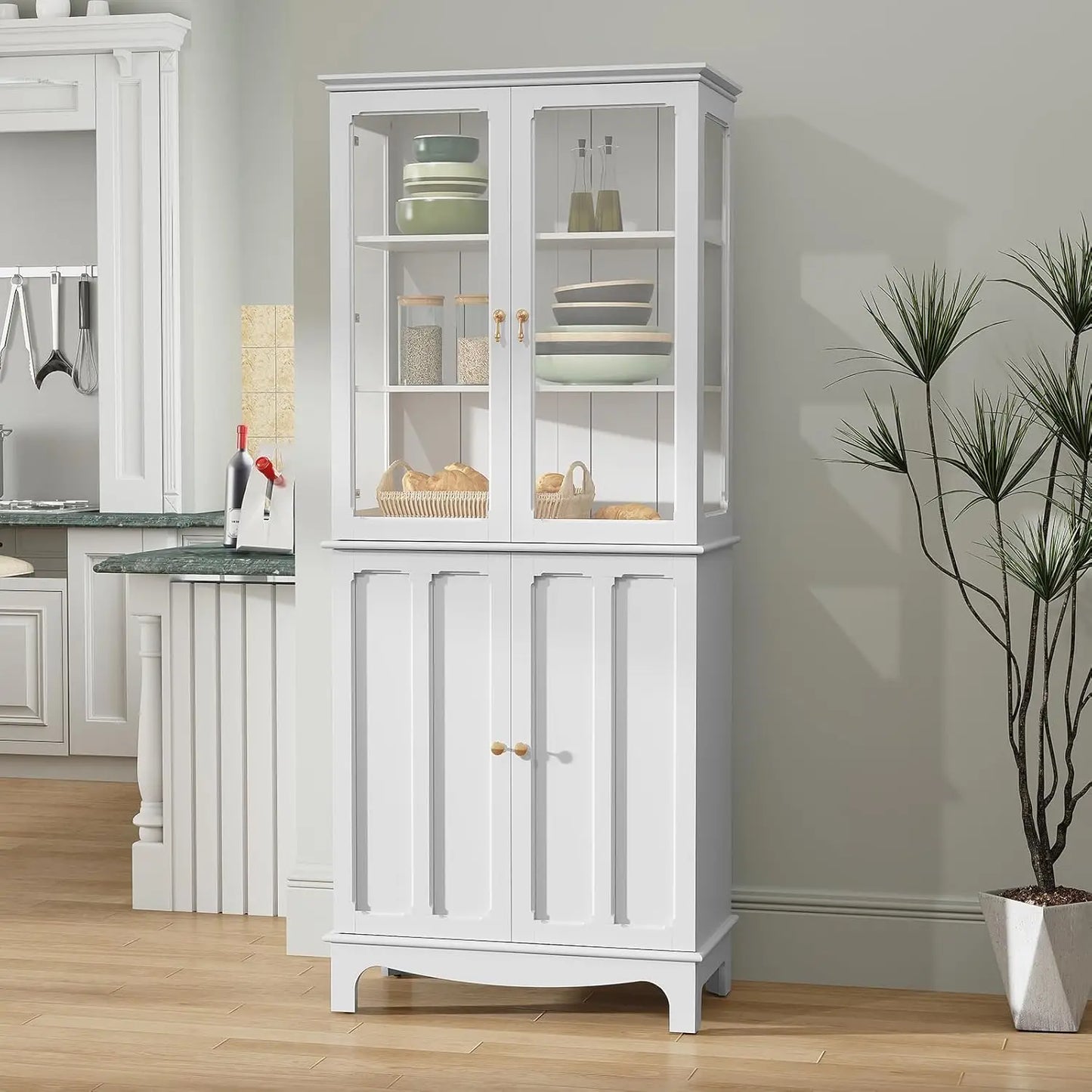 Guangbai Freestanding Kitchen Pantry With Glass Door And Adjustable Shelves