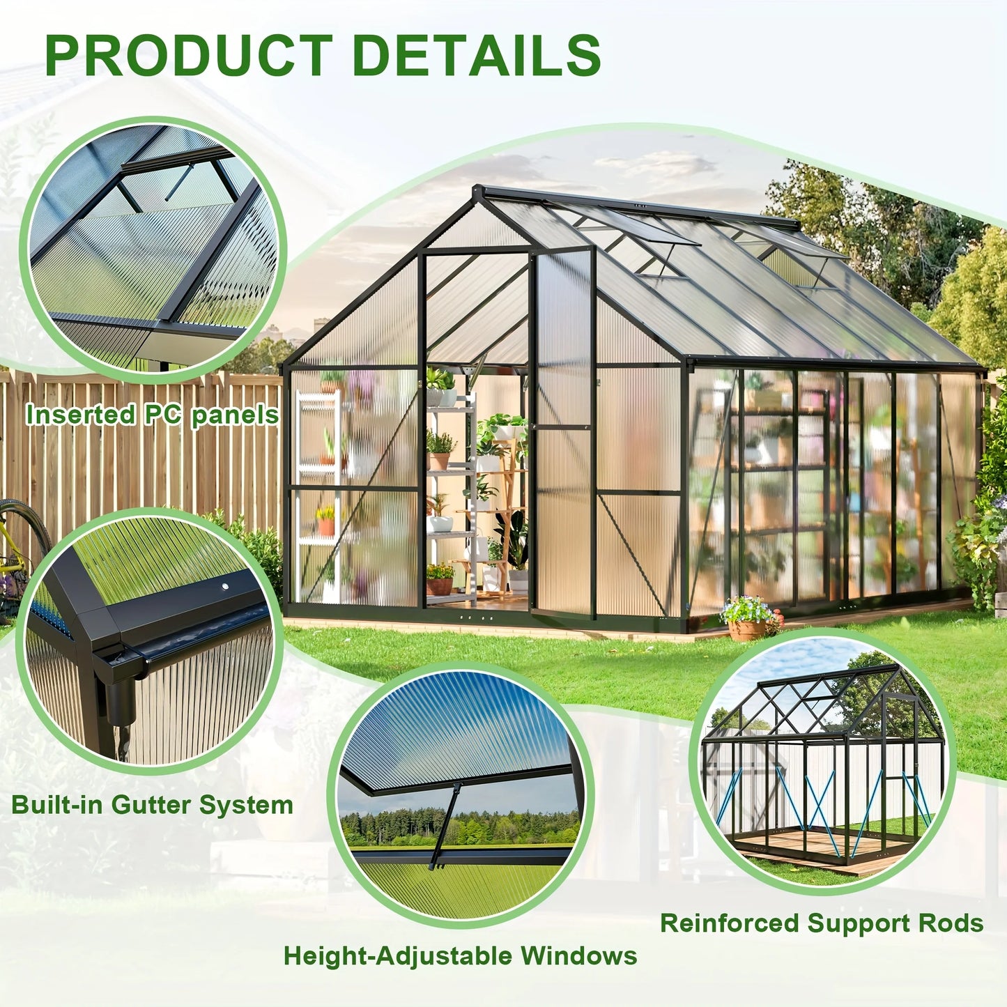 VIWAT Greenhouse With Polycarbonate Panels And Aluminum Frame