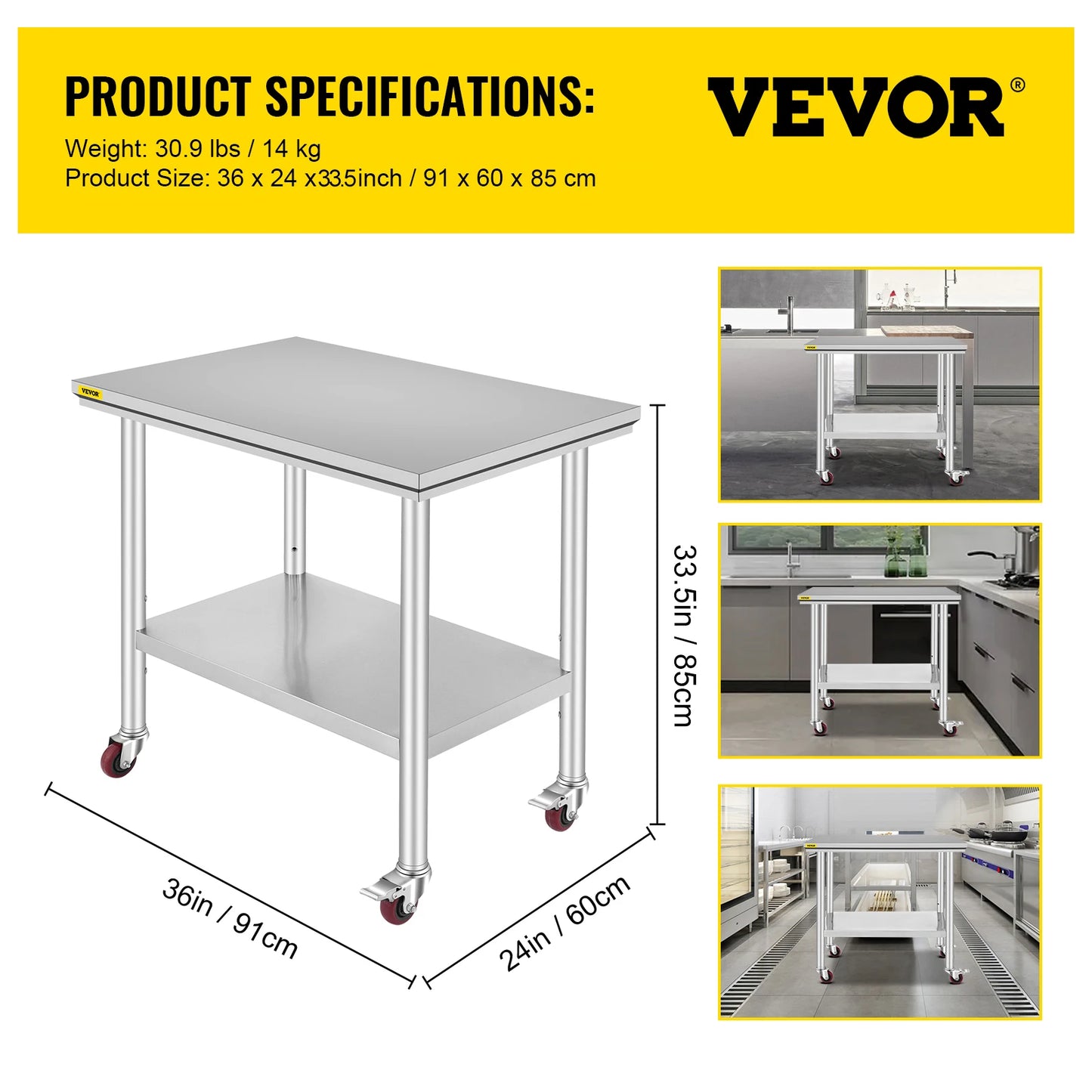 SucceBuy Stainless Steel Kitchen Work Table With Casters For Home