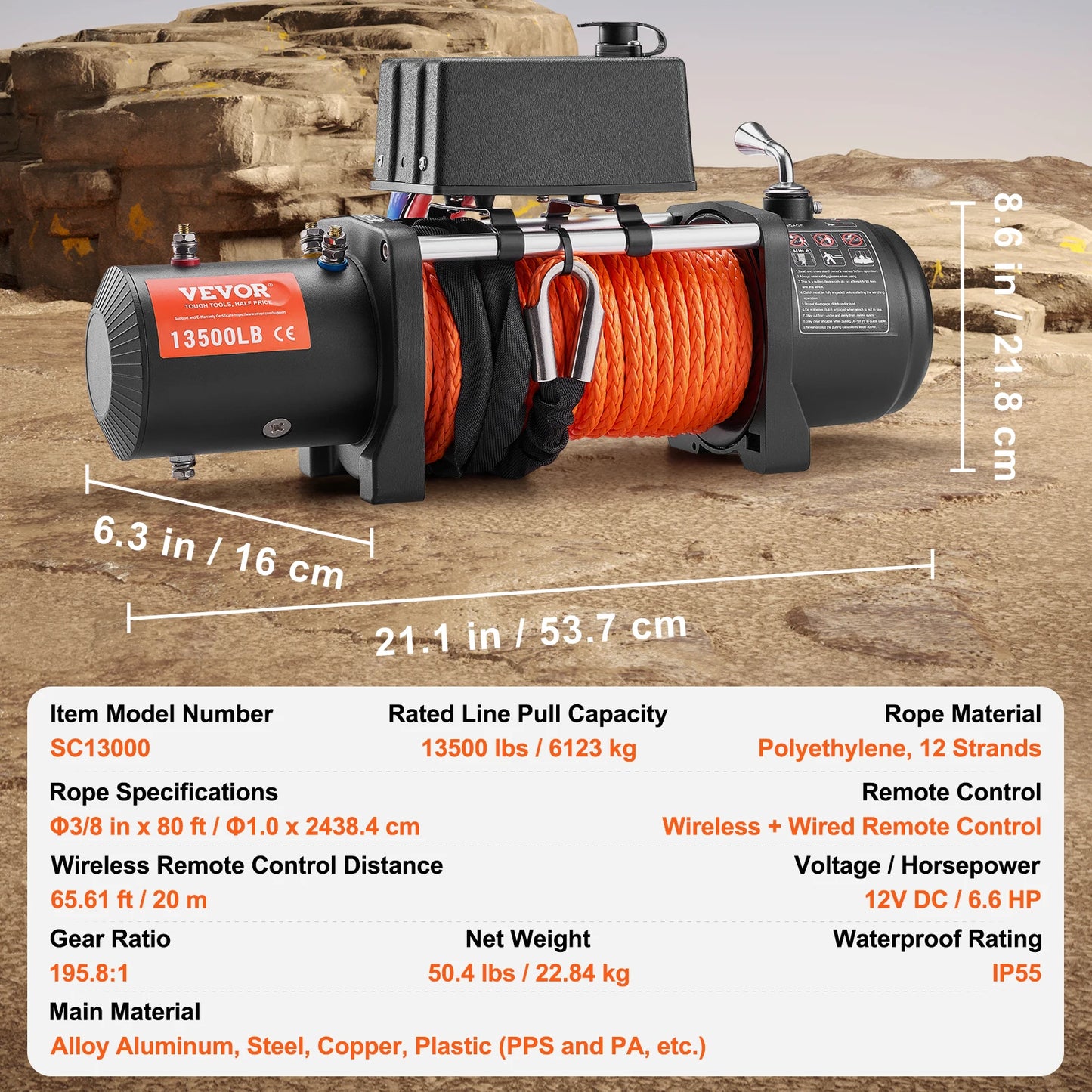 SucceBuy 13500Lbs Electric Winch With 80ft Synthetic Rope Remote Control