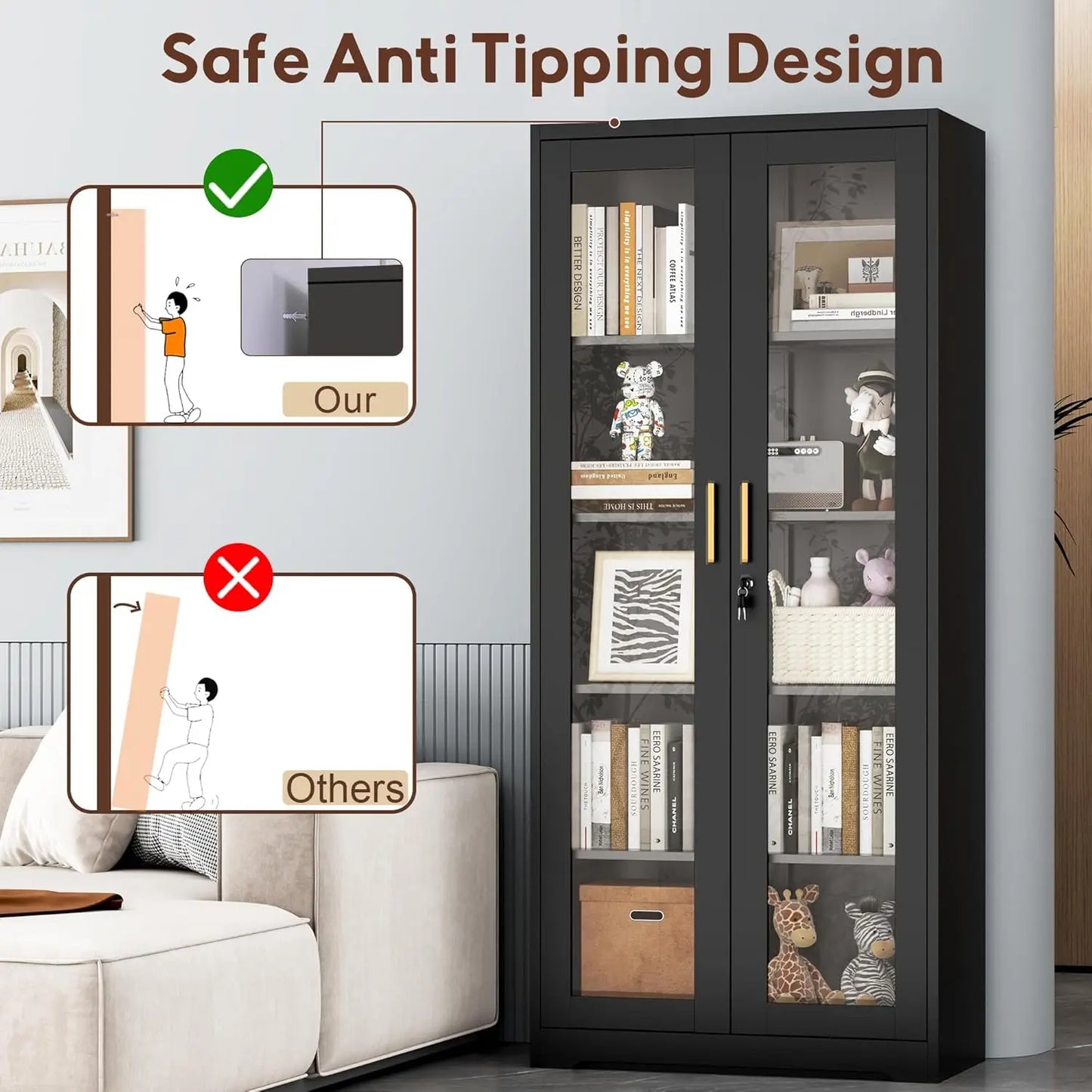 ZHILU Lockable Glass Door Display Cabinet With Adjustable Shelves