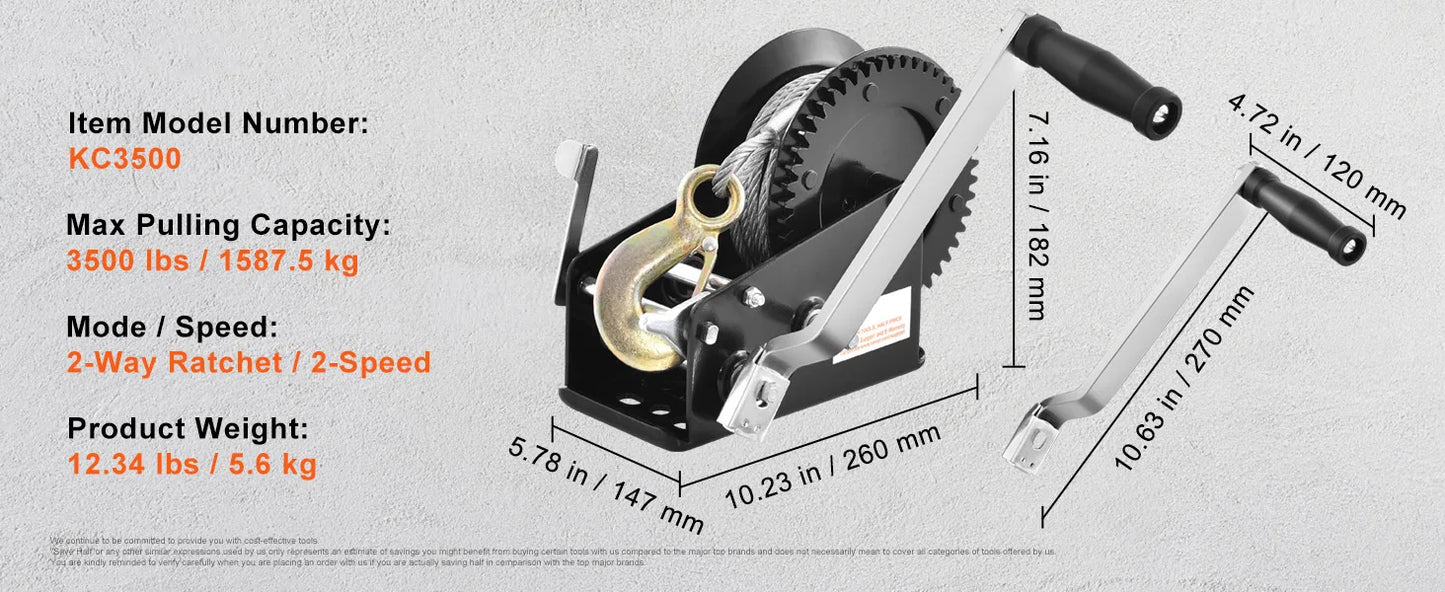 SucceBuy Hand Winch Heavy Duty Rope Crank With 2-Way Ratchet