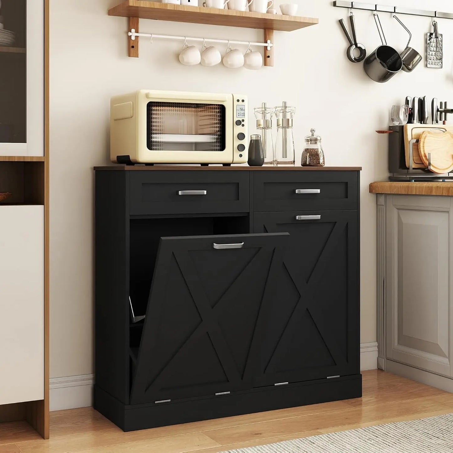 Double Tilt Out Trash Can Cabinet With Hidden Storage Drawers