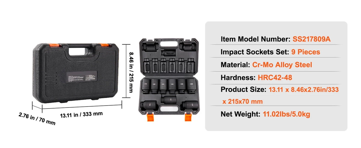 SucceBuy 9-Piece Impact Socket Set Deep 6-Point Cr-Mo Alloy Steel