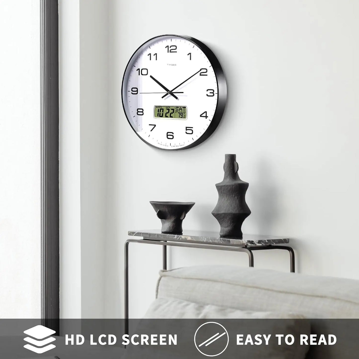 Timess Battery Operated Calendar Wall Clock With Fahrenheit Temperature Display