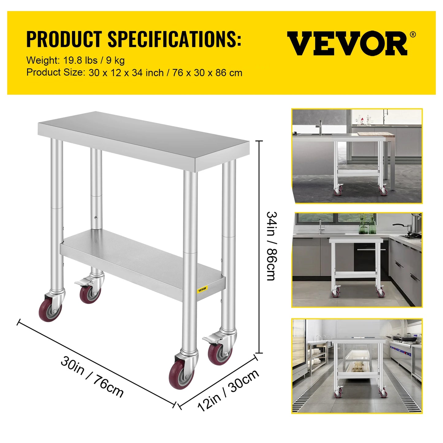 SucceBuy Stainless Steel Kitchen Work Table With Casters For Home