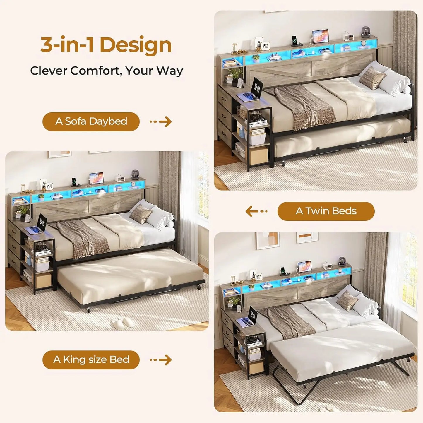 BIANXIANG Daybed With Trundle Storage Drawers Headboard Farmhouse Wood Frame