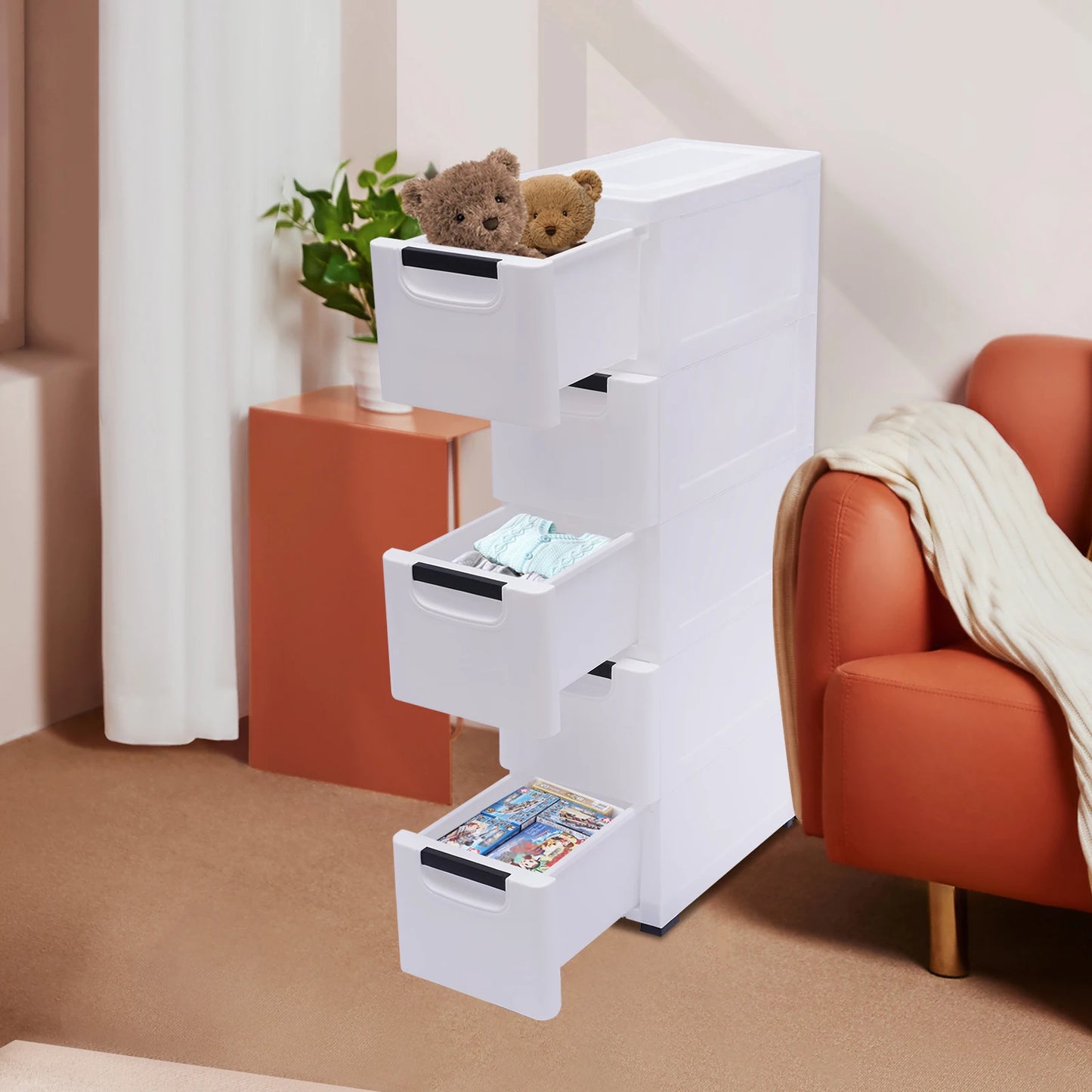 Large Capacity Storage Cabinet with 5 Compartmentalized Design Drawers, Organized Storage Cabinet , Flexible Movement