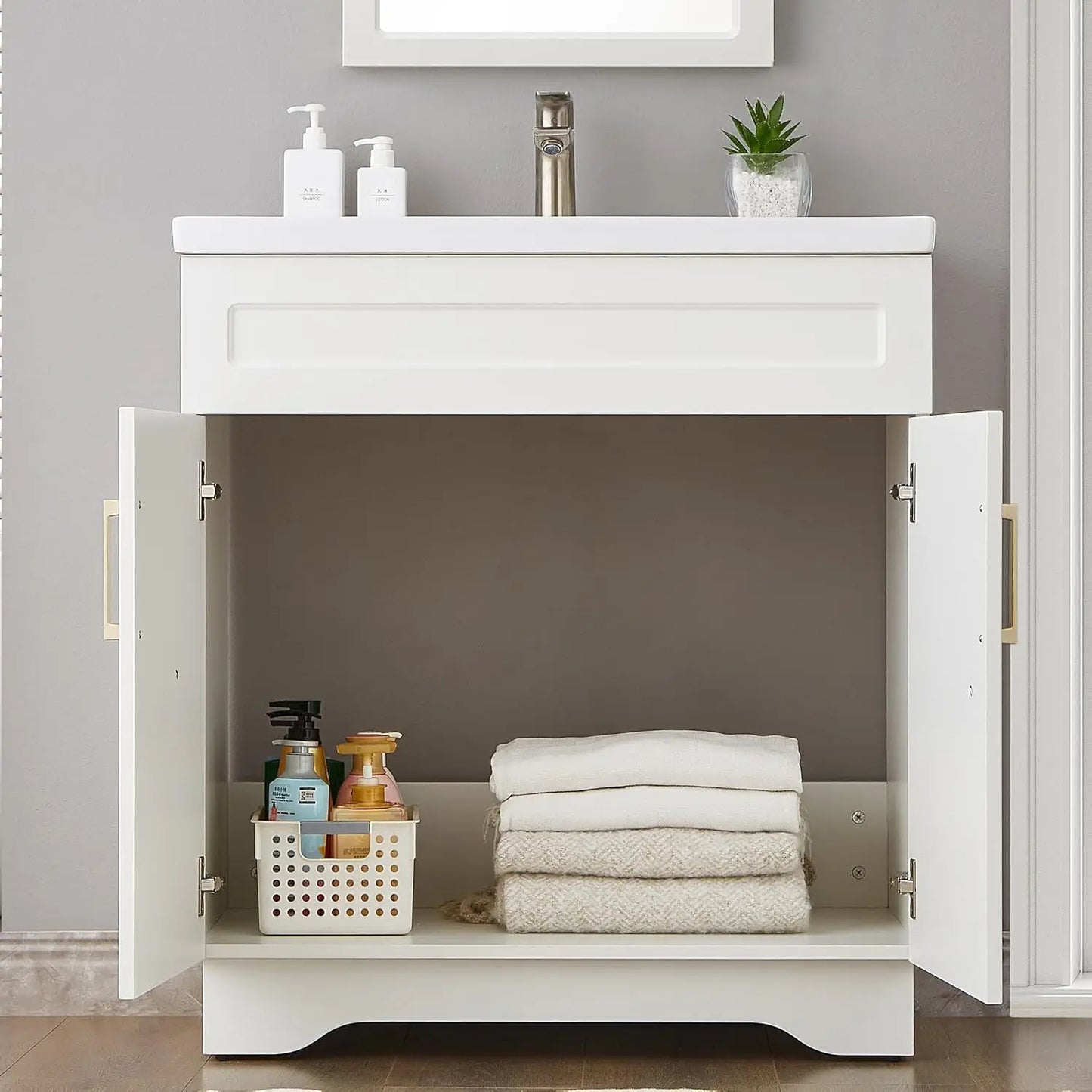 Bathroom Vanity With Ceramic Sink Wood Cabinet Large Storage Space